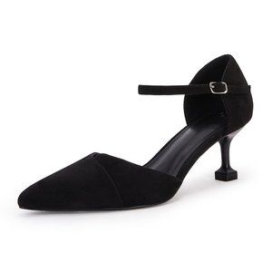 Ownmeen Womens Pointed Toe Pumps Ankle Strap Buckle Closure D'Orsay Flared Heel